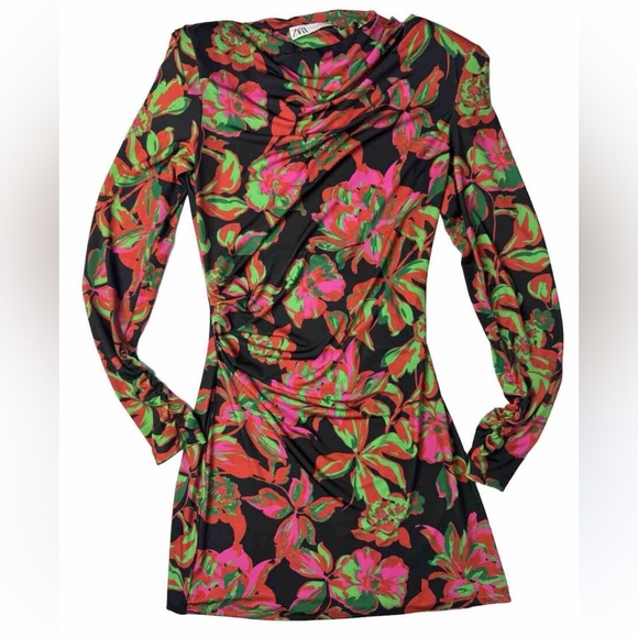 Zara | Dresses | Zara Nwt Shoulder Pad Printed Dress With Draping - Picture 4 of 4